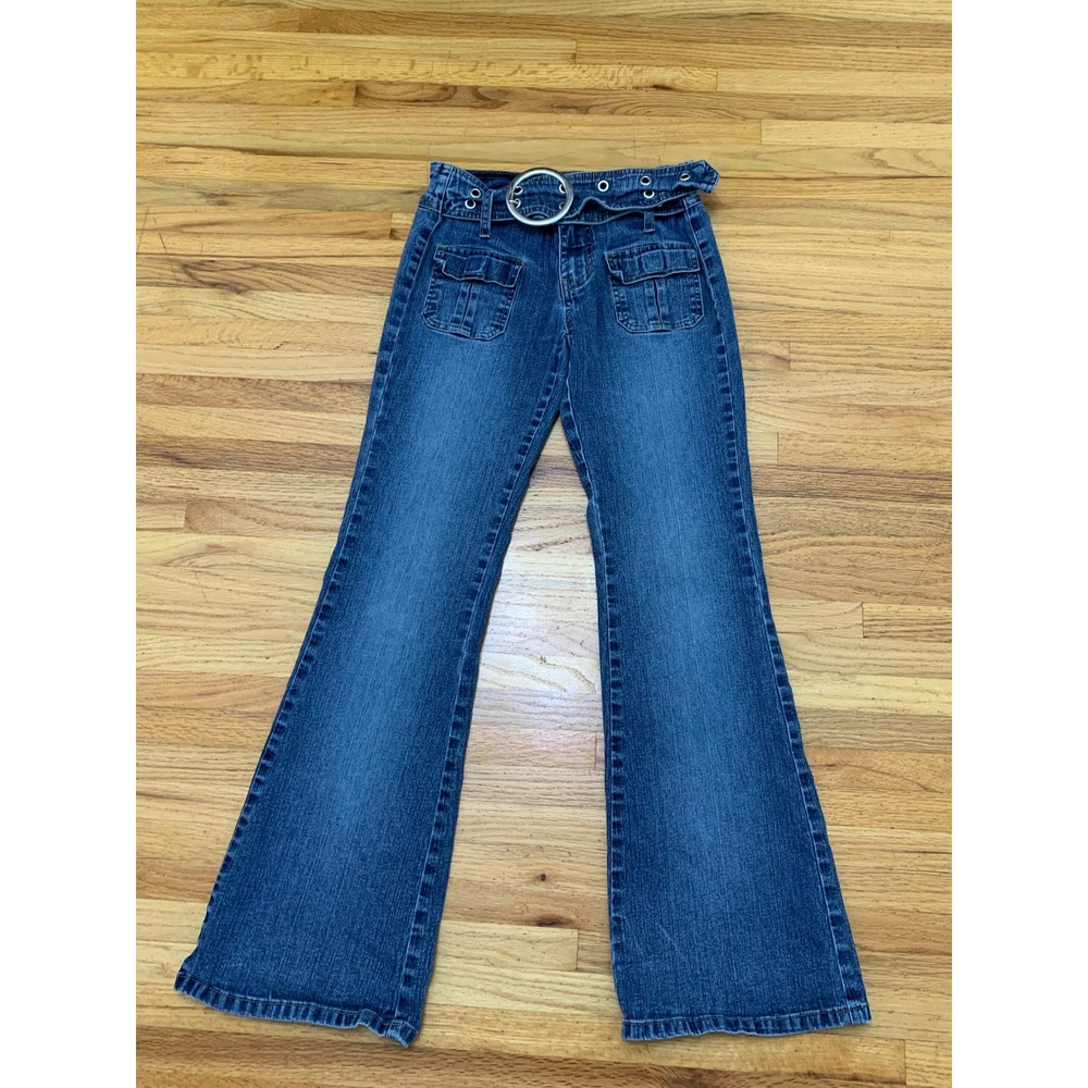 Angels Y2K Flared Jeans Juniors Wash Grommet Belt Cargo Pockets Size 7